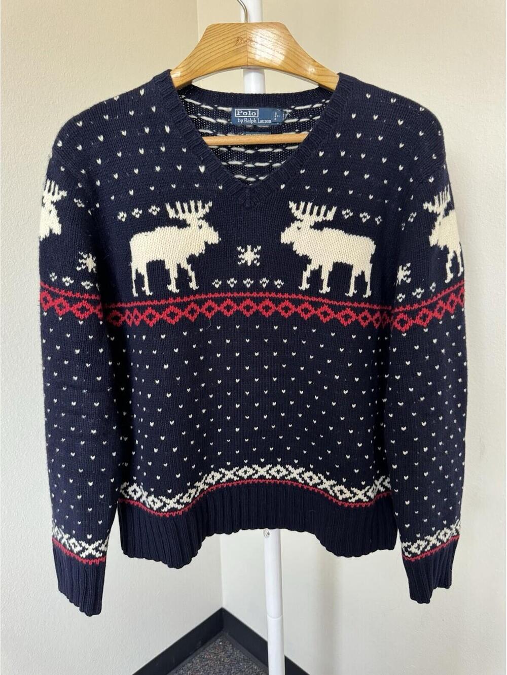 Vintage Polo Ralph Lauren Men’s Sz Large L Sweater 100% Wool Handknit Deer Print
